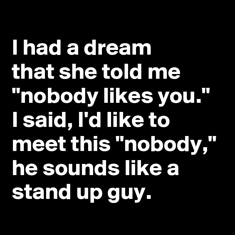 
I had a dream 
that she told me "nobody likes you." I said, I'd like to meet this "nobody," he sounds like a stand up guy. 