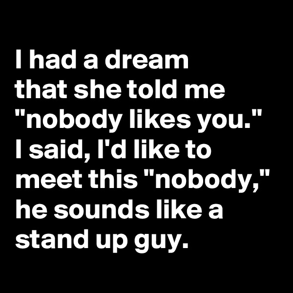 
I had a dream 
that she told me "nobody likes you." I said, I'd like to meet this "nobody," he sounds like a stand up guy. 