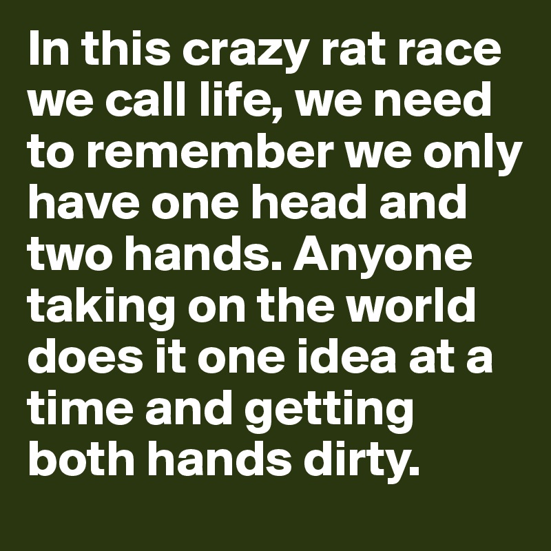 In this crazy rat race we call life, we need to remember we only have one head and two hands. Anyone taking on the world does it one idea at a time and getting both hands dirty.