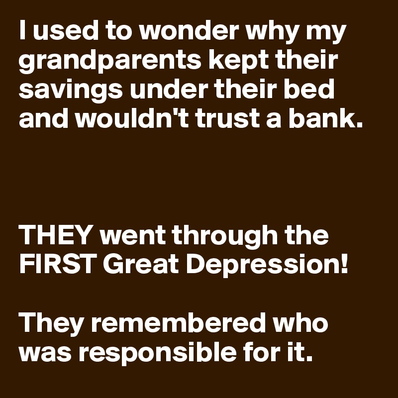 I used to wonder why my grandparents kept their savings under their bed and wouldn't trust a bank.



THEY went through the FIRST Great Depression!

They remembered who was responsible for it.