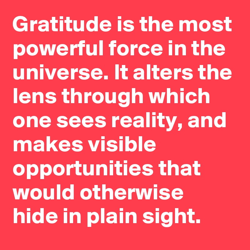 Gratitude is the most powerful force in the universe. It alters the lens through which one sees reality, and makes visible opportunities that would otherwise hide in plain sight.