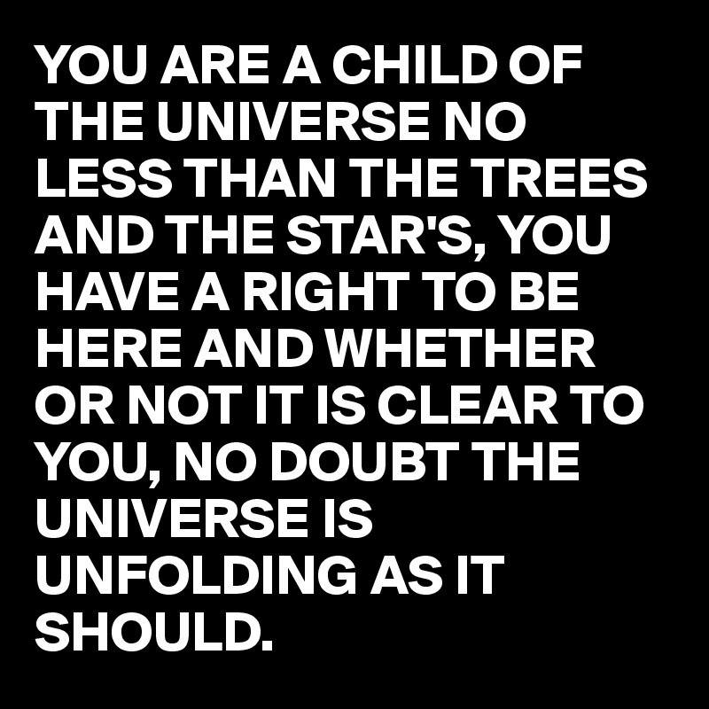 YOU ARE A CHILD OF THE UNIVERSE NO LESS THAN THE TREES AND THE STAR'S, YOU HAVE A RIGHT TO BE HERE AND WHETHER OR NOT IT IS CLEAR TO YOU, NO DOUBT THE UNIVERSE IS UNFOLDING AS IT SHOULD.