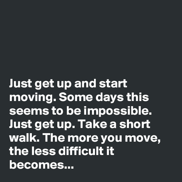 




Just get up and start moving. Some days this seems to be impossible. Just get up. Take a short walk. The more you move, the less difficult it becomes...