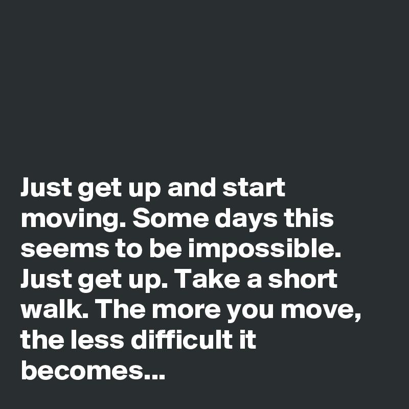 




Just get up and start moving. Some days this seems to be impossible. Just get up. Take a short walk. The more you move, the less difficult it becomes...