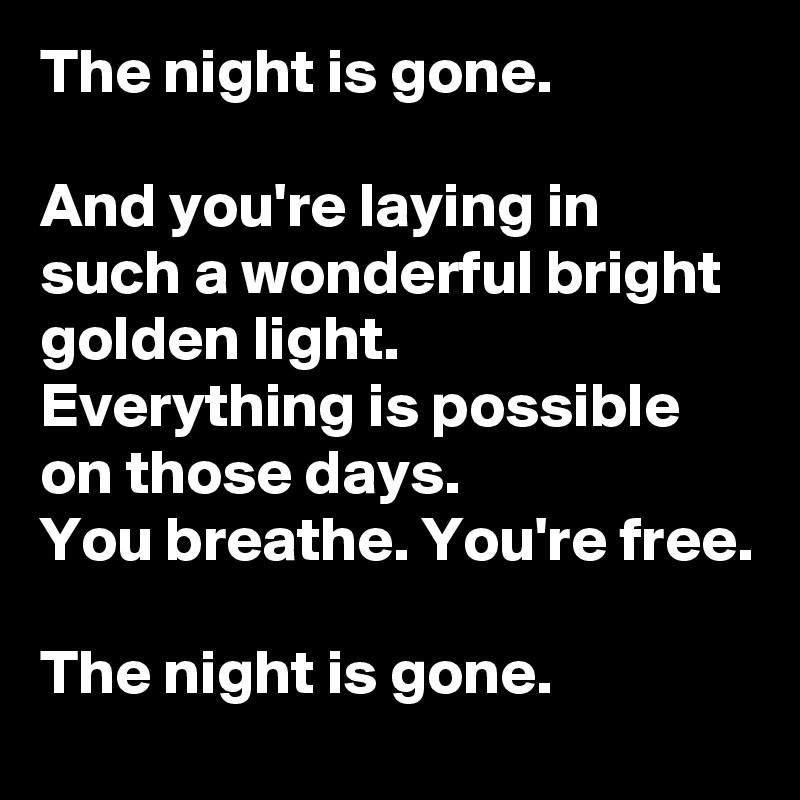The night is gone.

And you're laying in such a wonderful bright golden light.
Everything is possible on those days.
You breathe. You're free.

The night is gone.