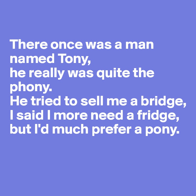 

There once was a man named Tony,
he really was quite the phony.
He tried to sell me a bridge,
I said I more need a fridge,
but I'd much prefer a pony.


