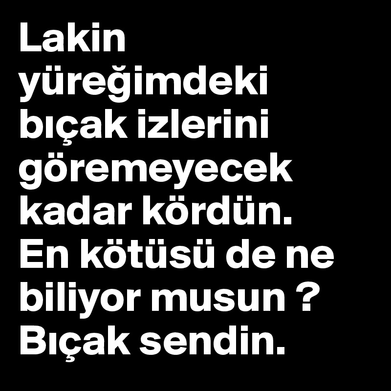 Lakin yüregimdeki biçak izlerini göremeyecek kadar kördün. 
En kötüsü de ne biliyor musun ? Biçak sendin.