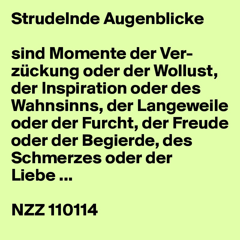 Strudelnde Augenblicke

sind Momente der Ver-zückung oder der Wollust, der Inspiration oder des Wahnsinns, der Langeweile oder der Furcht, der Freude oder der Begierde, des Schmerzes oder der Liebe ...

NZZ 110114