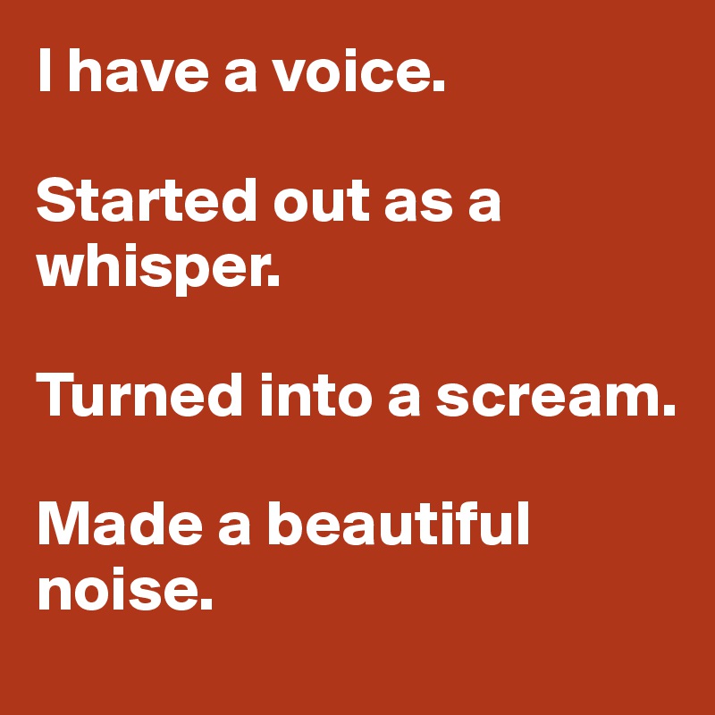 I have a voice. 

Started out as a whisper. 

Turned into a scream. 

Made a beautiful noise. 