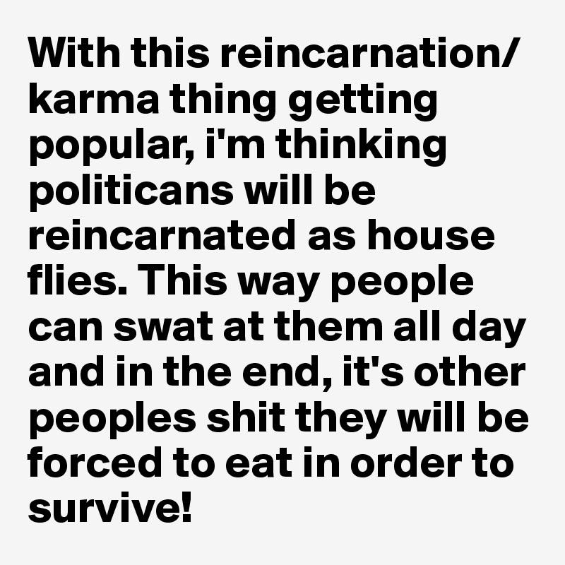 With this reincarnation/karma thing getting popular, i'm thinking politicans will be reincarnated as house flies. This way people can swat at them all day and in the end, it's other peoples shit they will be forced to eat in order to survive!