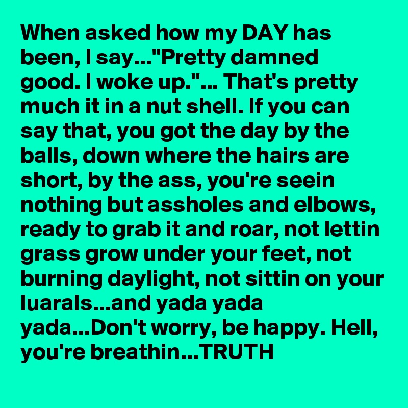 When asked how my DAY has been, I say..."Pretty damned good. I woke up."... That's pretty much it in a nut shell. If you can say that, you got the day by the balls, down where the hairs are short, by the ass, you're seein nothing but assholes and elbows, ready to grab it and roar, not lettin grass grow under your feet, not burning daylight, not sittin on your luarals...and yada yada yada...Don't worry, be happy. Hell, you're breathin...TRUTH