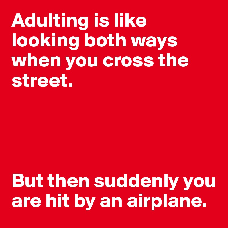 Adulting is like looking both ways when you cross the street.




But then suddenly you are hit by an airplane.