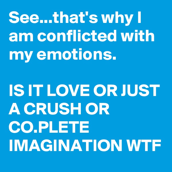 See...that's why I am conflicted with my emotions.

IS IT LOVE OR JUST A CRUSH OR CO.PLETE IMAGINATION WTF