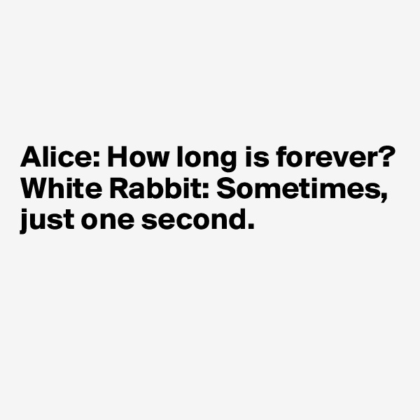 



Alice: How long is forever?
White Rabbit: Sometimes, just one second. 




