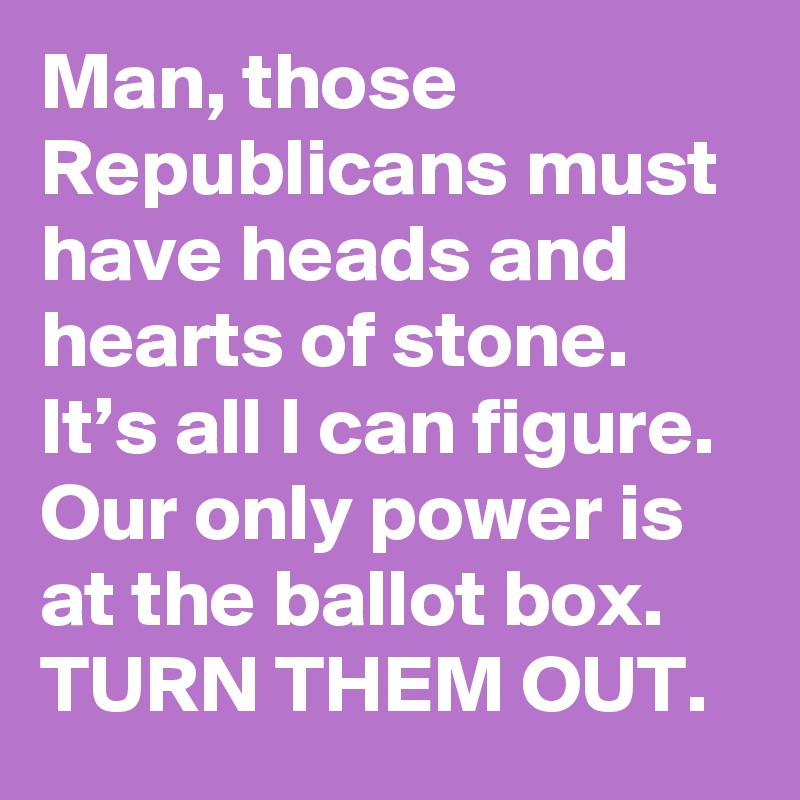 Man, those Republicans must have heads and hearts of stone. It’s all I can figure. Our only power is at the ballot box. TURN THEM OUT.