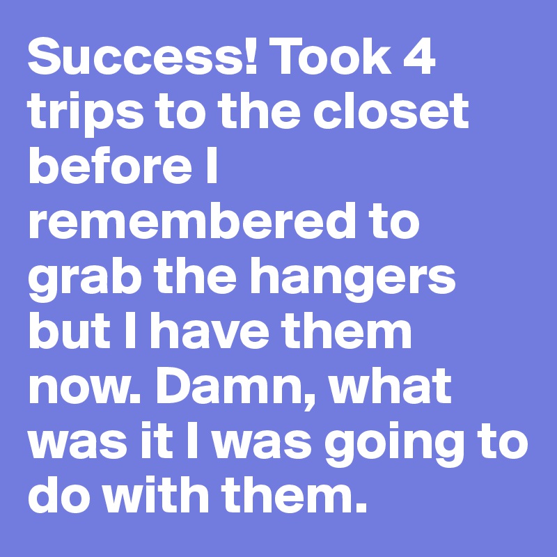 Success! Took 4 trips to the closet before I remembered to grab the hangers but I have them now. Damn, what was it I was going to do with them. 