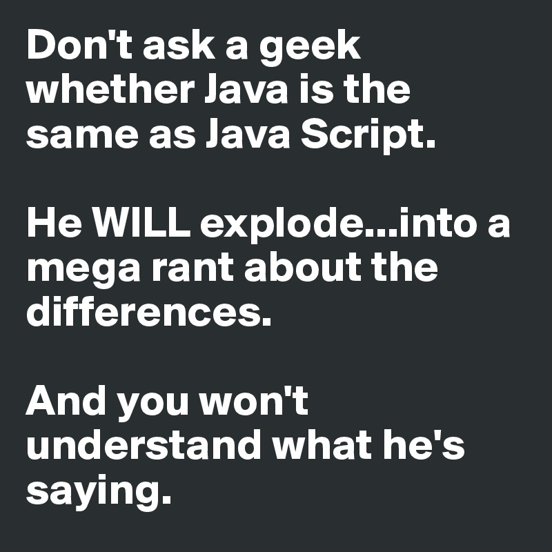 Don't ask a geek whether Java is the same as Java Script.

He WILL explode...into a mega rant about the differences.

And you won't understand what he's saying.