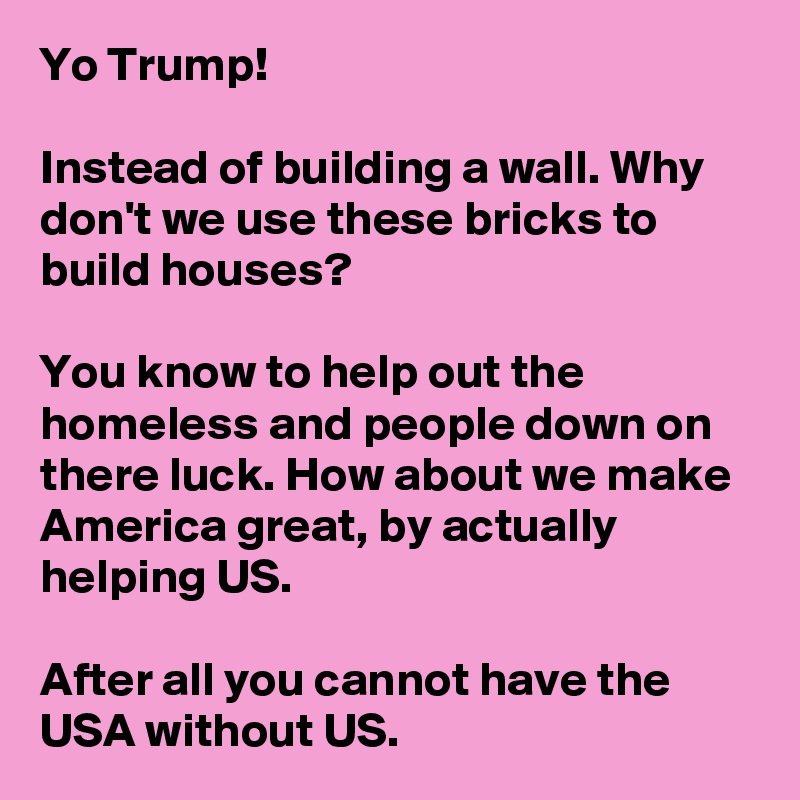 Yo Trump!

Instead of building a wall. Why don't we use these bricks to build houses?

You know to help out the homeless and people down on there luck. How about we make America great, by actually helping US. 

After all you cannot have the USA without US.