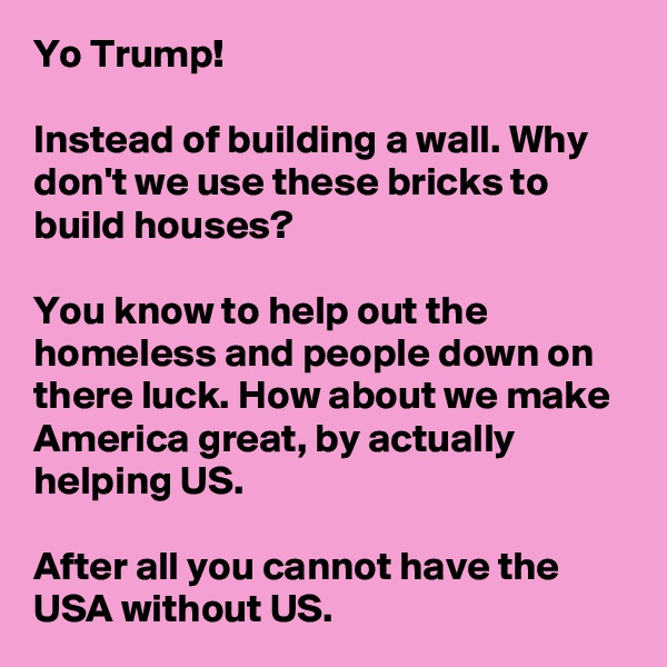 Yo Trump!

Instead of building a wall. Why don't we use these bricks to build houses?

You know to help out the homeless and people down on there luck. How about we make America great, by actually helping US. 

After all you cannot have the USA without US.