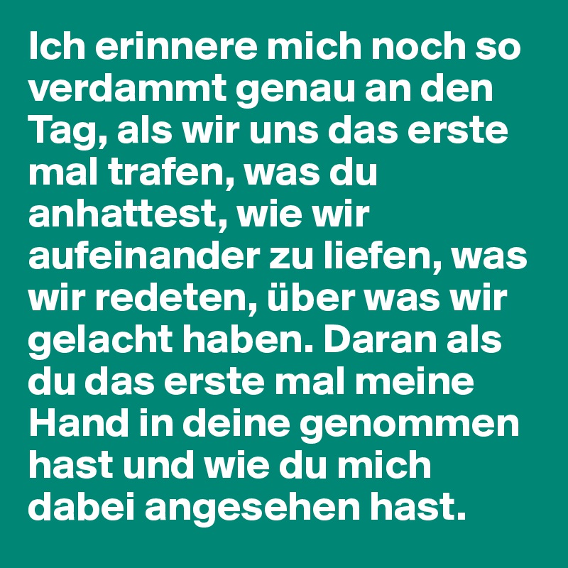 Ich erinnere mich noch so verdammt genau an den Tag, als wir uns das erste mal trafen, was du anhattest, wie wir aufeinander zu liefen, was wir redeten, über was wir gelacht haben. Daran als du das erste mal meine Hand in deine genommen hast und wie du mich dabei angesehen hast. 