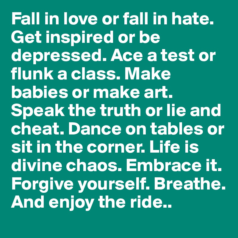 Fall in love or fall in hate. Get inspired or be depressed. Ace a test or flunk a class. Make babies or make art. Speak the truth or lie and cheat. Dance on tables or sit in the corner. Life is divine chaos. Embrace it. Forgive yourself. Breathe. And enjoy the ride..