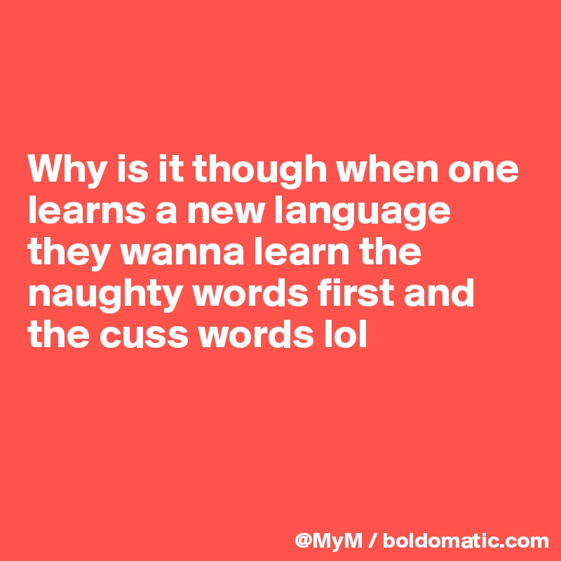 


Why is it though when one learns a new language they wanna learn the naughty words first and the cuss words lol




