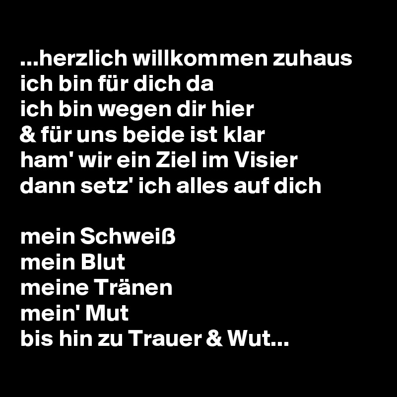 
...herzlich willkommen zuhaus
ich bin für dich da
ich bin wegen dir hier
& für uns beide ist klar
ham' wir ein Ziel im Visier
dann setz' ich alles auf dich

mein Schweiß
mein Blut
meine Tränen
mein' Mut
bis hin zu Trauer & Wut...
