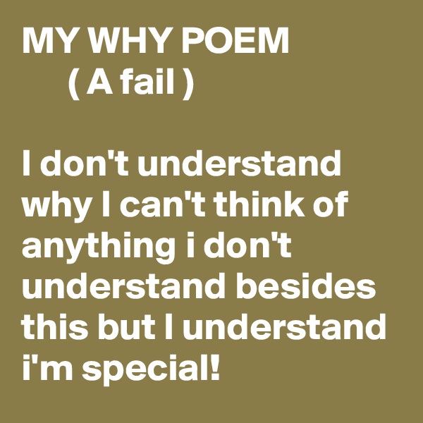 MY WHY POEM
      ( A fail )

I don't understand why I can't think of anything i don't understand besides this but I understand i'm special!