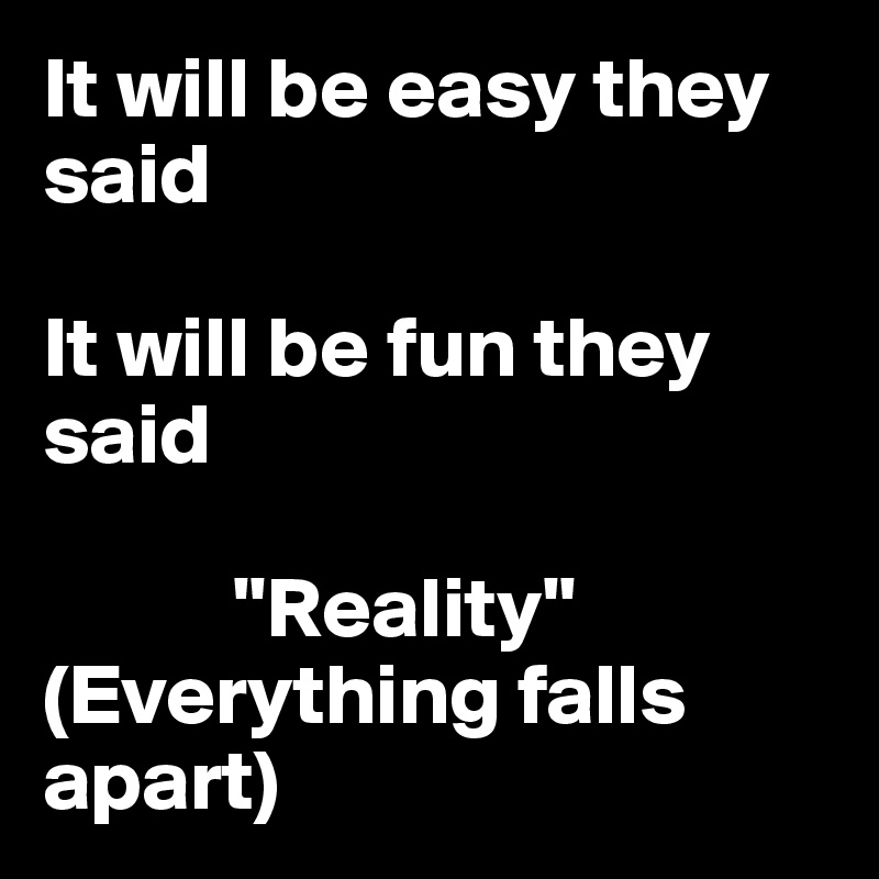 It will be easy they said

It will be fun they said

           "Reality"
(Everything falls apart)