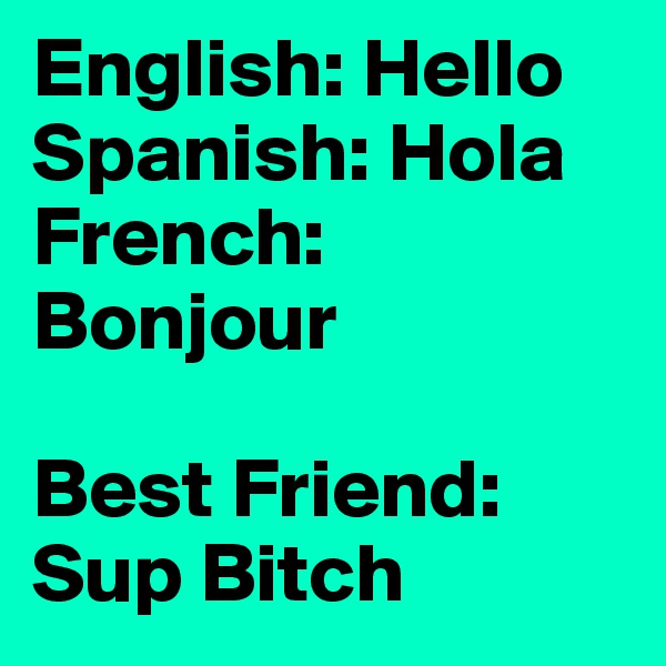 English: Hello
Spanish: Hola
French: Bonjour

Best Friend:
Sup Bitch