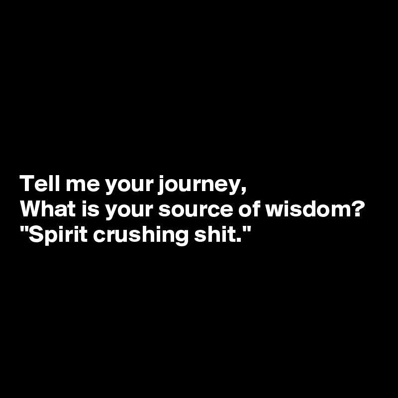 





Tell me your journey,
What is your source of wisdom?
"Spirit crushing shit."




