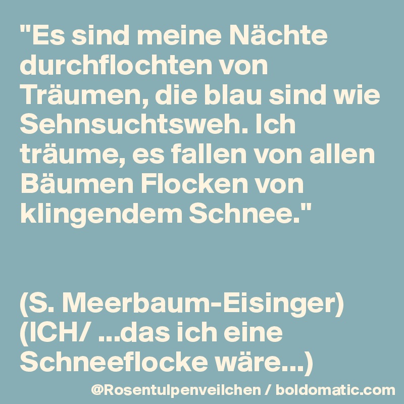 "Es sind meine Nächte durchflochten von Träumen, die blau sind wie Sehnsuchtsweh. Ich träume, es fallen von allen Bäumen Flocken von klingendem Schnee."


(S. Meerbaum-Eisinger)
(ICH/ ...das ich eine Schneeflocke wäre...)