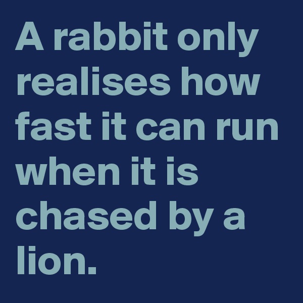 A rabbit only realises how fast it can run when it is chased by a lion.