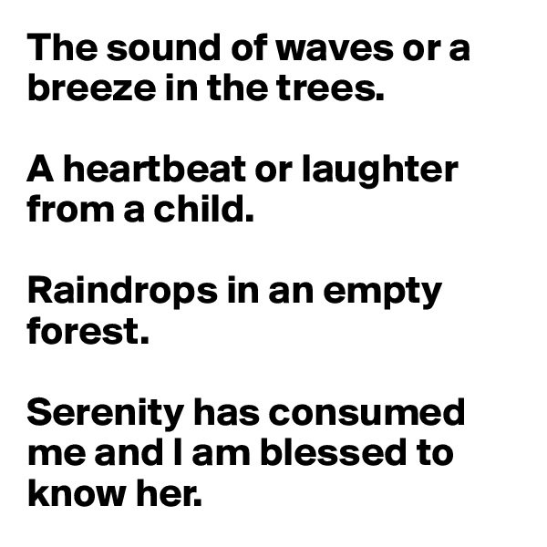 The sound of waves or a breeze in the trees. 

A heartbeat or laughter from a child. 

Raindrops in an empty forest. 

Serenity has consumed me and I am blessed to know her.