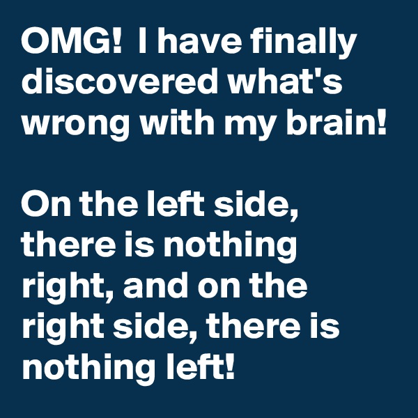OMG!  I have finally discovered what's wrong with my brain!

On the left side, there is nothing right, and on the right side, there is nothing left!
