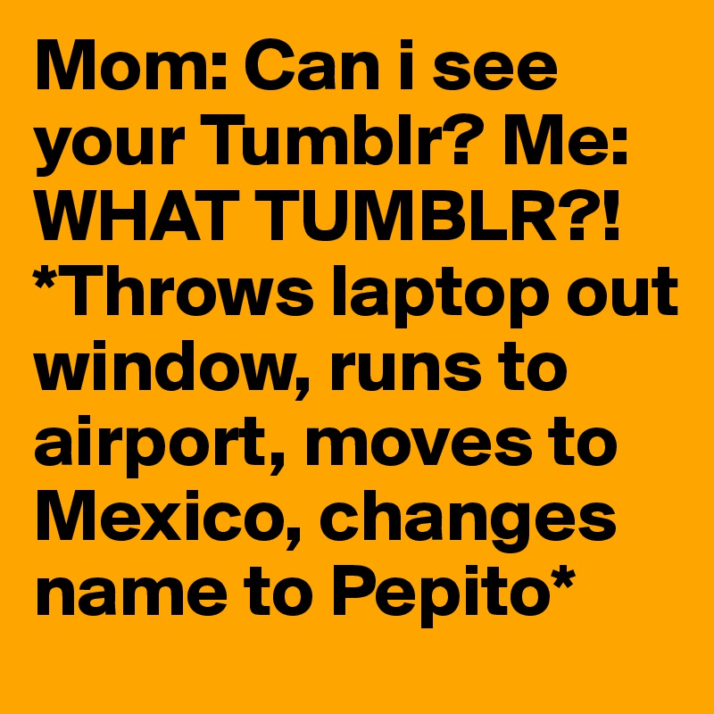 Mom: Can i see your Tumblr? Me: WHAT TUMBLR?! *Throws laptop out window, runs to airport, moves to Mexico, changes name to Pepito*