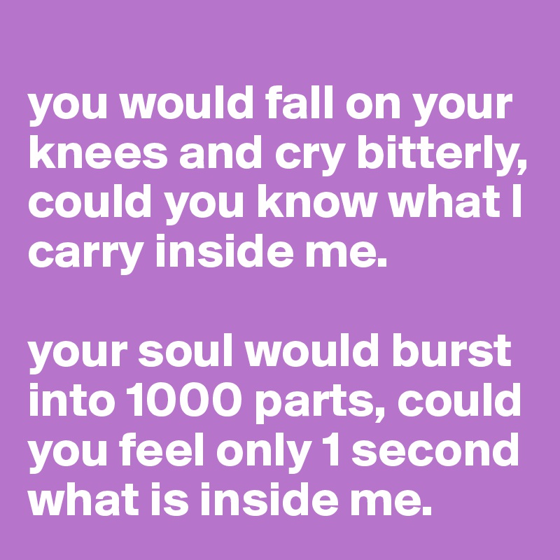 
you would fall on your knees and cry bitterly, could you know what I carry inside me. 

your soul would burst into 1000 parts, could you feel only 1 second what is inside me. 