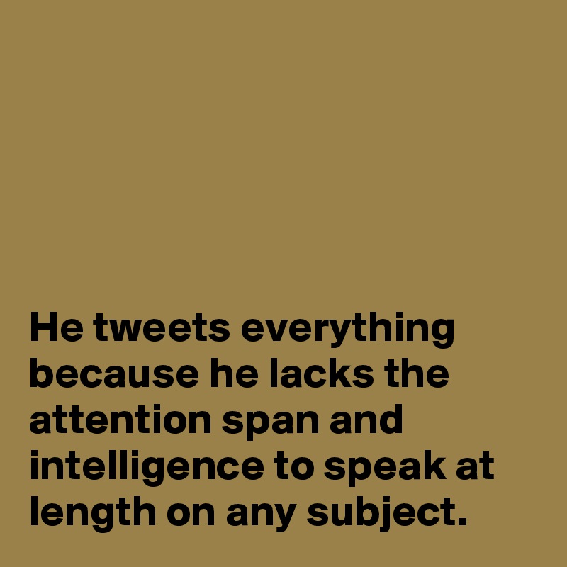 





He tweets everything because he lacks the attention span and intelligence to speak at length on any subject. 