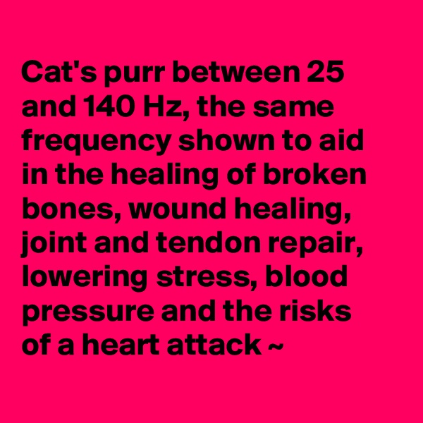 
Cat's purr between 25 and 140 Hz, the same frequency shown to aid in the healing of broken bones, wound healing, joint and tendon repair, lowering stress, blood pressure and the risks
of a heart attack ~
