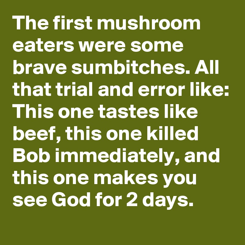 The first mushroom eaters were some brave sumbitches. All that trial and error like: This one tastes like beef, this one killed Bob immediately, and this one makes you see God for 2 days.