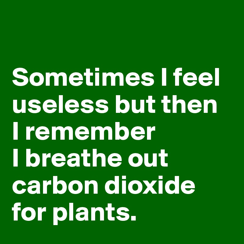 

Sometimes I feel useless but then
I remember
I breathe out carbon dioxide for plants.