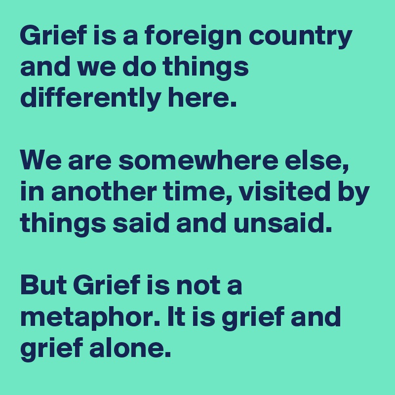 Grief is a foreign country and we do things differently here. 

We are somewhere else, in another time, visited by things said and unsaid. 

But Grief is not a metaphor. It is grief and grief alone.