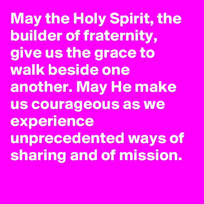 May the Holy Spirit, the builder of fraternity, give us the grace to walk beside one another. May He make us courageous as we experience unprecedented ways of sharing and of mission.