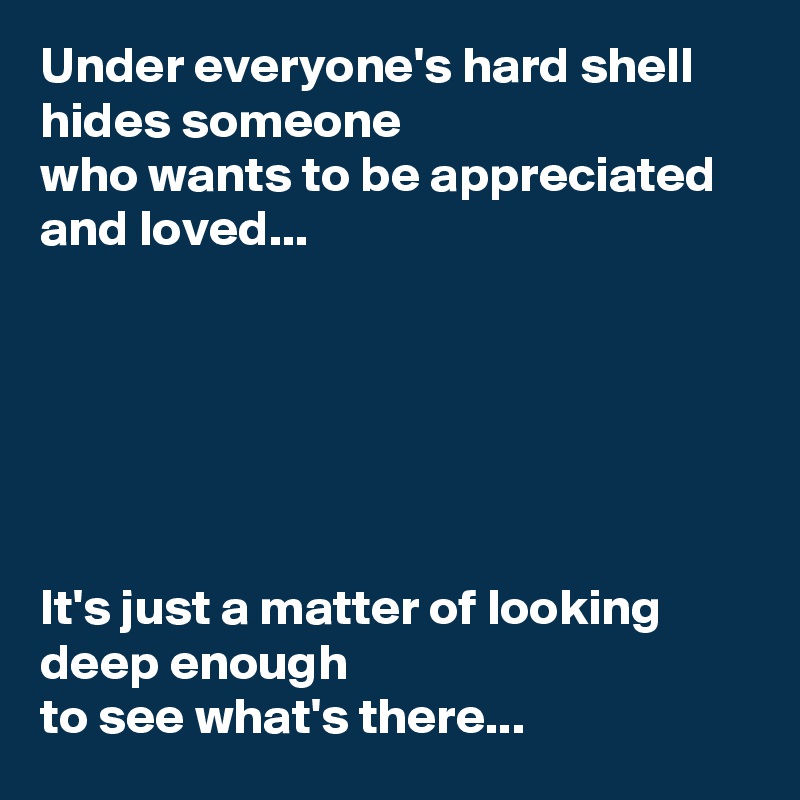 Under everyone's hard shell hides someone
who wants to be appreciated and loved...






It's just a matter of looking deep enough
to see what's there...