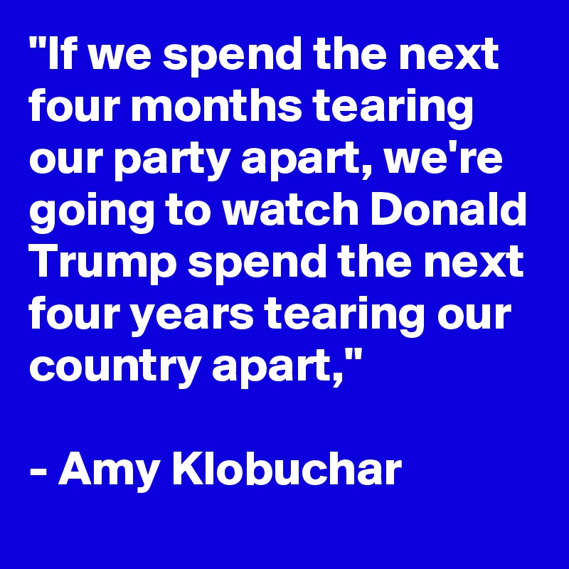 "If we spend the next four months tearing our party apart, we're going to watch Donald Trump spend the next four years tearing our country apart," 

- Amy Klobuchar