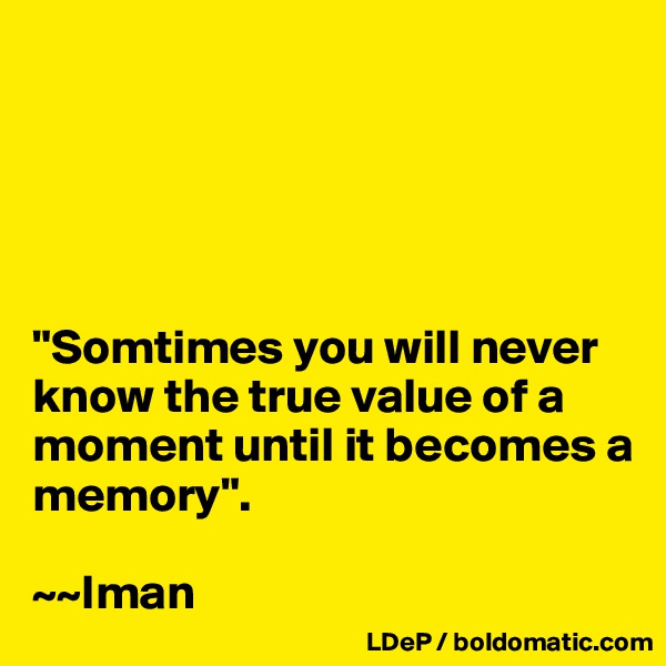 





"Somtimes you will never know the true value of a moment until it becomes a memory".

~~Iman