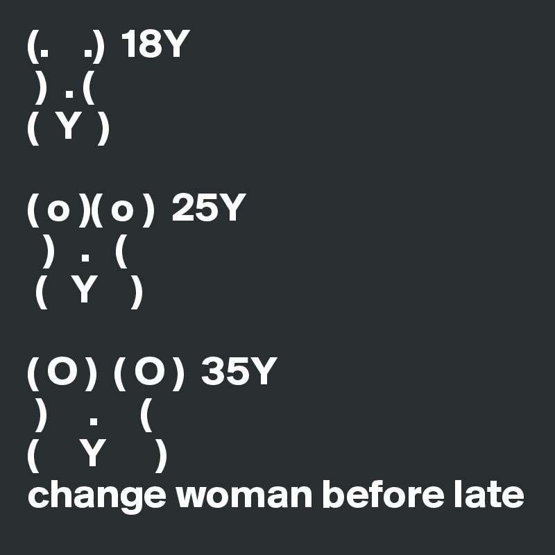 (.    .)  18Y
 )  . (
(  Y  )

( o )( o )  25Y
  )   .   (
 (   Y    )

( O )  ( O )  35Y
 )     .     (
(     Y      )
change woman before late 