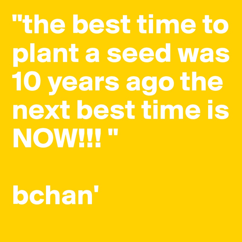 "the best time to plant a seed was 10 years ago the next best time is NOW!!! "
                             bchan'