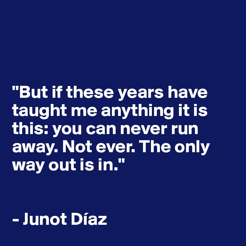 



"But if these years have taught me anything it is this: you can never run away. Not ever. The only way out is in."


- Junot Díaz