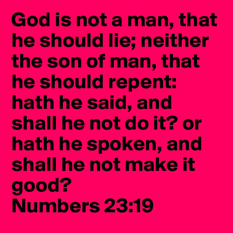 God is not a man, that he should lie; neither the son of man, that he should repent: hath he said, and shall he not do it? or hath he spoken, and shall he not make it good?
Numbers 23:19